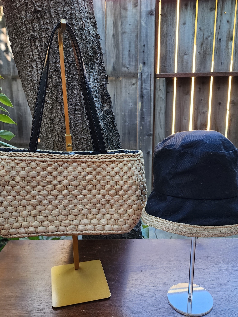 Boho Woven Straw Basket Tote Bag & Matching Black Bucket Hat Summer Set